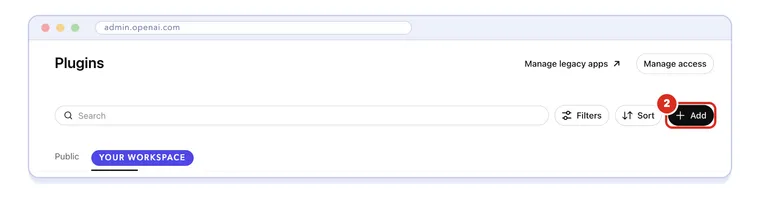 The Admin Console's Plugins page on the workspace's tab, with the Add button at top right highlighted as action 2.