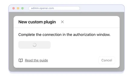 The New custom plugin dialog waiting, with the message Complete the connection in the authorization window.