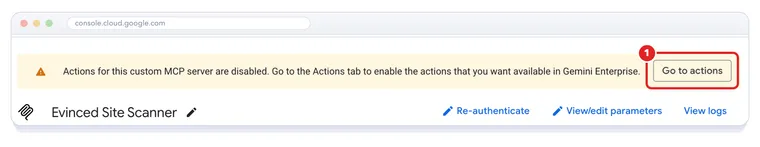 The new connector's page, with a banner saying its actions are disabled and the Go to actions button highlighted as action 1.