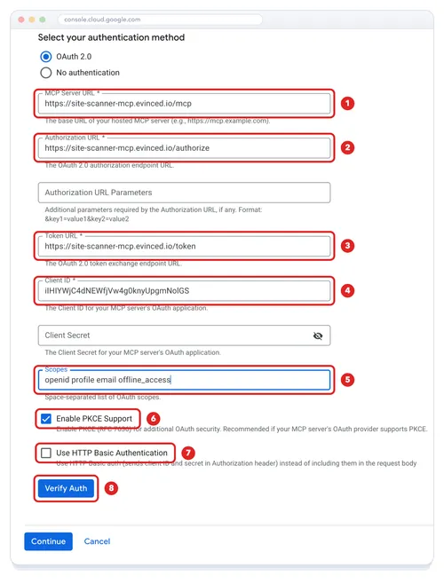 The custom MCP server form, with actions 1 to 8 marking the server, authorization and token URLs, the client ID, the scopes, PKCE on, HTTP Basic authentication off and the Verify Auth button.