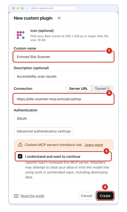 The New custom plugin dialog: the custom name Evinced Site Scanner as action 1, the MCP Server URL as action 2, the I understand and want to continue box ticked as action 3 and the Create button as action 4. Authentication is set to OAuth.