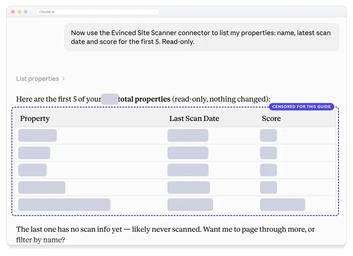 Claude's answer from the List properties tool: a table of properties with their last scan date and score. The values are censored.