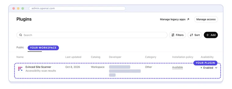 The workspace's plugin list in the Admin Console, showing Evinced Site Scanner as a Workspace plugin that is Available and Enabled. The developer's details are censored.