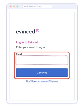 The Evinced log-in page, with the email field and Continue button highlighted.