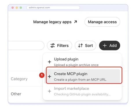 The Add menu open, with Create MCP plugin, create a plugin from an MCP URL, highlighted as action 1.
