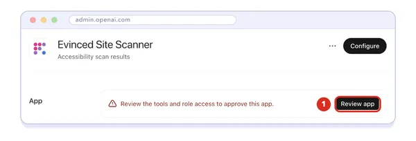 The Evinced Site Scanner plugin page in the Admin Console, asking to review the tools and role access, with the Review app button highlighted as action 1.
