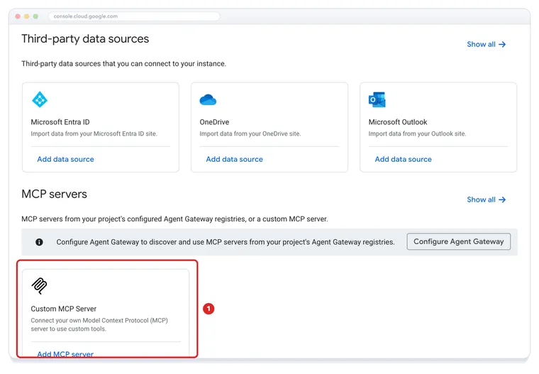The Select a data source page scrolled to MCP servers, with the Custom MCP Server card highlighted as action 1.