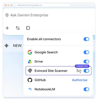 The Sources menu with the Evinced Site Scanner toggle switched on, highlighted as connected.