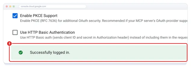 Back in Gemini Enterprise, a green Successfully logged in message under the PKCE and HTTP Basic authentication settings, highlighted as action 2.