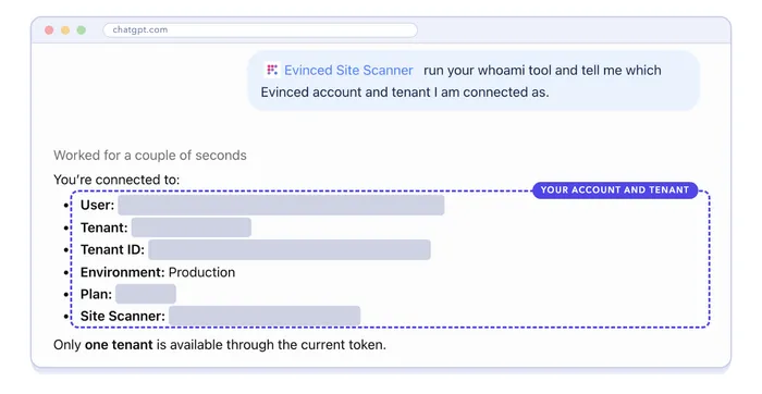 ChatGPT's answer after using Evinced Site Scanner, naming the connected user and tenant, highlighted as your account and tenant. The values are censored.