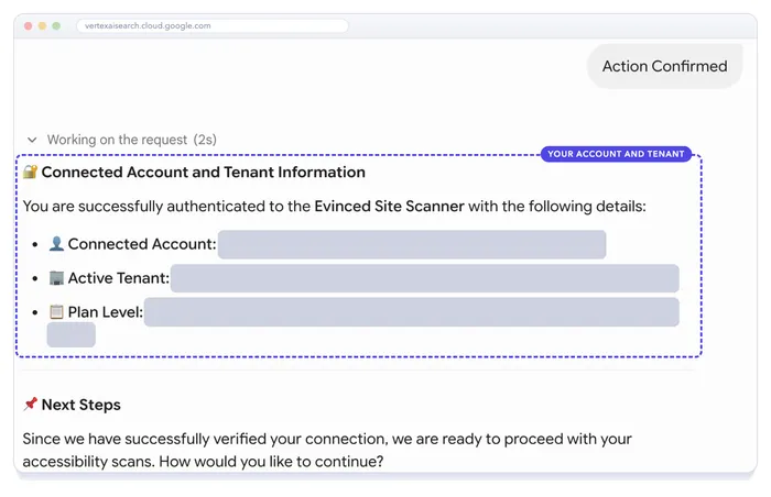 Gemini's answer listing the connected account, active tenant and plan level, highlighted as your account and tenant. The values are censored.